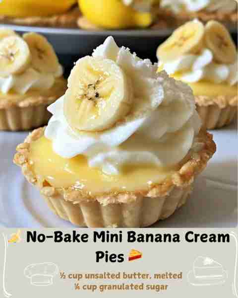 🍌 No-Bake Mini Banana Cream Pies 🥧 Ingredients For the Crust: 1½ cups graham cracker crumbs (about...