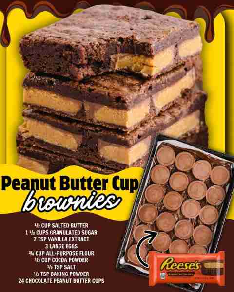 REESE'S PEANUT BUTTER CUP BROWNIES! 🍫 ½ cup salted butter 🍫 1 ½ cups granulated sugar 🍫 2 tsp van...