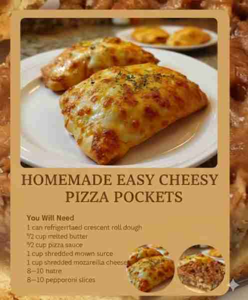 HOMEMADE EASY CHEESY PIZZA POCKETS You Will Need 1 can refrigerated crescent roll dough ½ cup pizza...