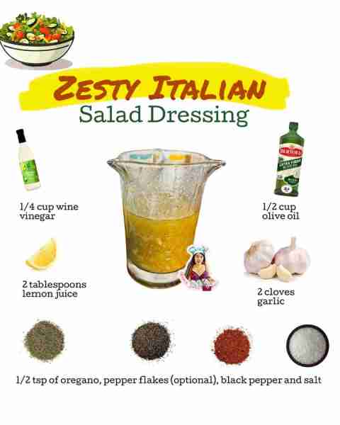 Homemade Zesty Italian Salad Dressing! Recipe: 1/2 cup olive oil 2 tablespoons lemon juice 1/4 cup w...