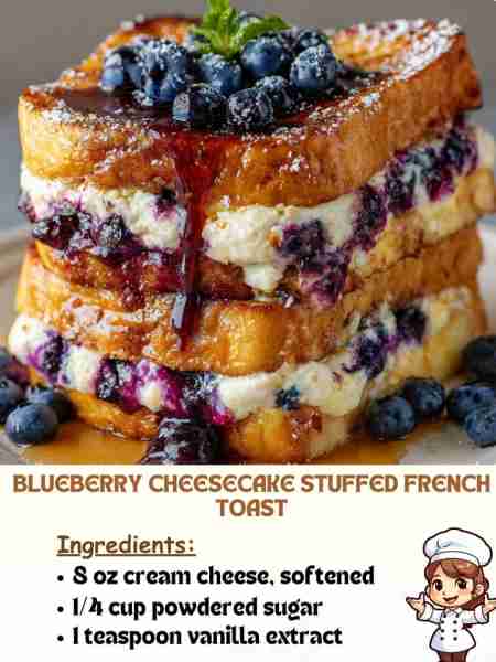 Blueberry Cheesecake Stuffed French Toast Ingredients 8 oz cream cheese, softened ¼ cup powdered sug...