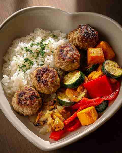 Juicy Meatball Rice Bowl with Roasted Veggies 🧆🍚🌈 Prep Time: 20 minutes Cook Time: 30 minutes Ser...