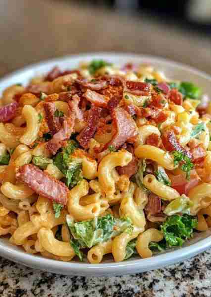🥗 BLT Macaroni Salad 🥓🍅✨ 📋 Ingredients: 🍝 2 cups elbow macaroni (or pasta of choice) 🥓 8 slic...