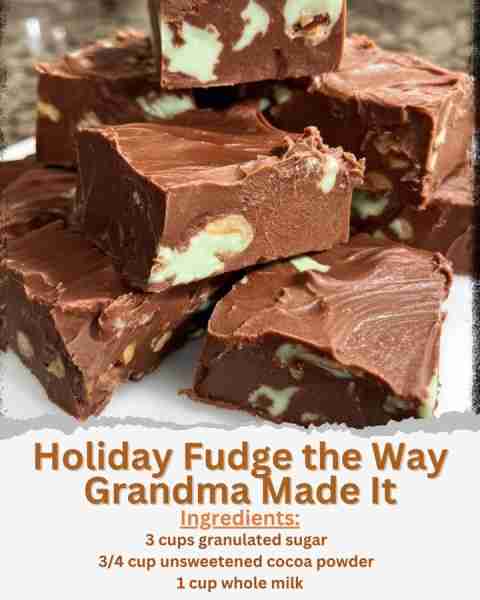 Holiday Fudge the Way Grandma Made It Ingredients: - 3 cups granulated sugar - 3/4 cup unsweetened c...