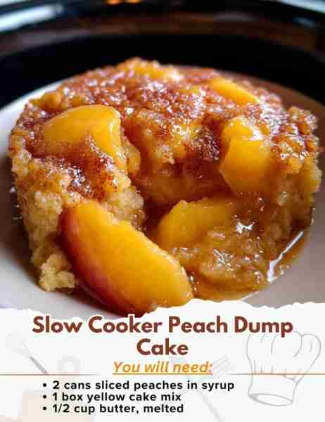 Slow Cooker Peach Dump Cake Ingredients: - 2 cans (15 ounces each) sliced peaches in syrup - 1 box...