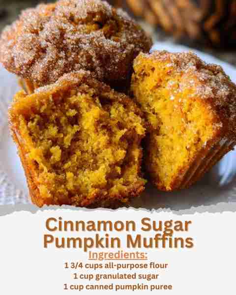 Cinnamon Sugar Pumpkin Muffins Ingredients: - 1 3/4 cups all-purpose flour - 1 cup granulated sugar...