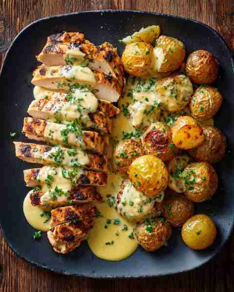 🥔 Grilled Chicken with Roasted Baby Potatoes & Creamy Herb Sauce 🍗🌿 Prep Time: 15 minutes Cook Ti...