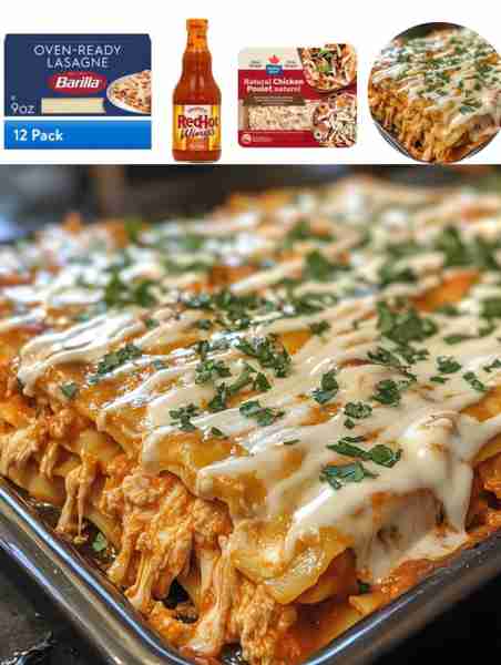 Cheesy Buffalo Chicken Lasagna with Ranch Drizzle Ingredients: - 1 pound cooked shredded chicken - 1...