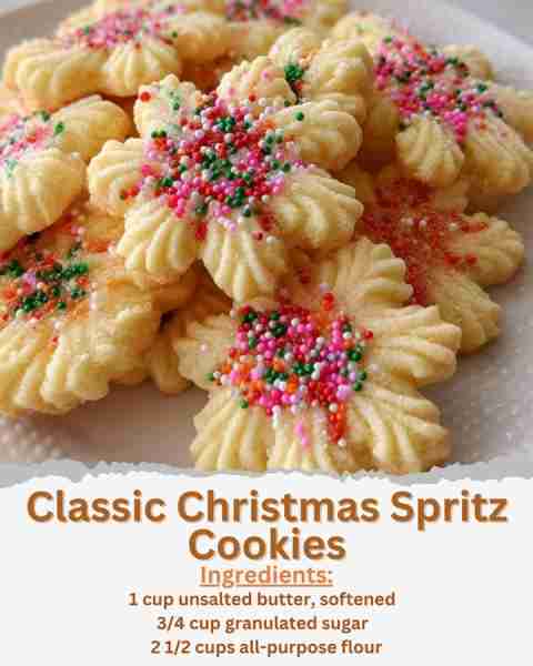 Classic Christmas Spritz Cookies Ingredients: - 1 cup unsalted butter, softened - 3/4 cup granulate...