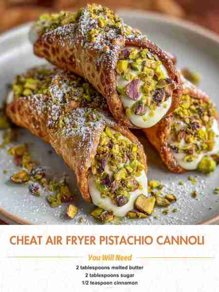 Cheat Air Fryer Pistachio Cannoli Ingredients 2 tablespoons melted butter 2 tablespoons sugar ½ tea...