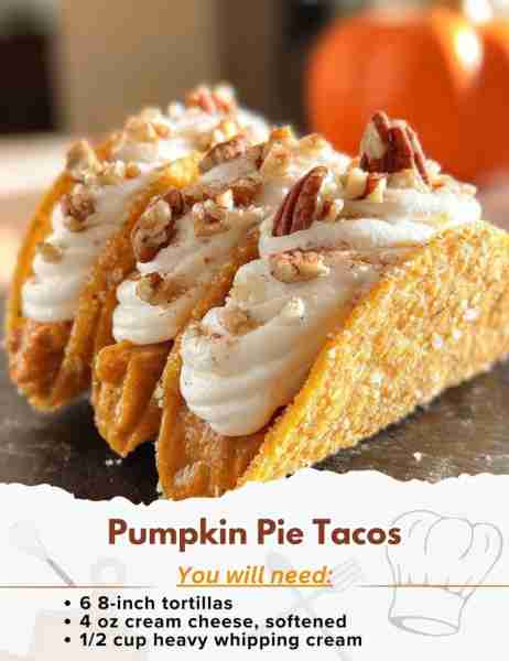 Pumpkin Pie Tacos Ingredients: - 6 8-inch tortillas (makes about 18-24 rounds) - 1/2 cup granulated...