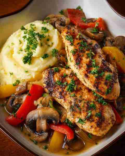 🍗 Herb-Grilled Chicken with Sautéed Peppers, Mushrooms & Creamy Mashed Potatoes 🥔🍄🌶️ Prep Time: 2...