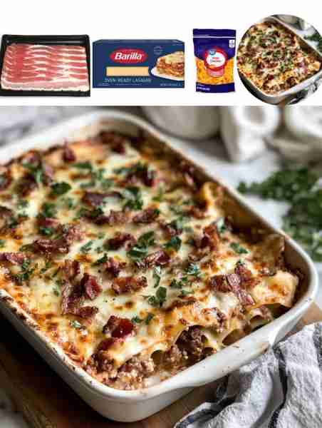 Parmesan Garlic Bacon Cheeseburger Lasagna Ingredients: - 1 pound ground beef - 6 strips of bacon, c...