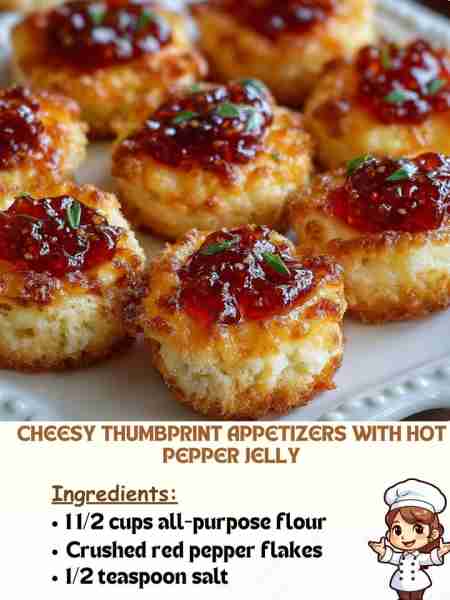 Cheesy Thumbprint Appetizers with Hot Pepper Jelly Ingredients 1 ½ cups all-purpose flour Crushed r...