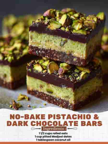 No-Bake Pistachio & Dark Chocolate Bars Ingredients: 1 ½ cups rolled oats 1 cup pitted Medjool dates...