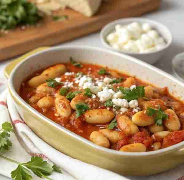 Slow-cooked Greek Fasolia Gigantes — tender giant beans baked in a rich tomato sauce with olive oil,...