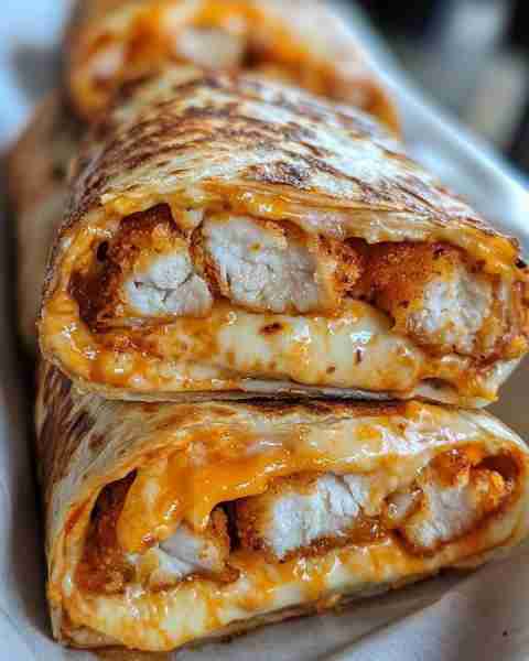 Spicy Crispy Chicken Cheese Wrap Recipe: Ingredients: 2 large flour tortillas 1 cup crispy fried chi...