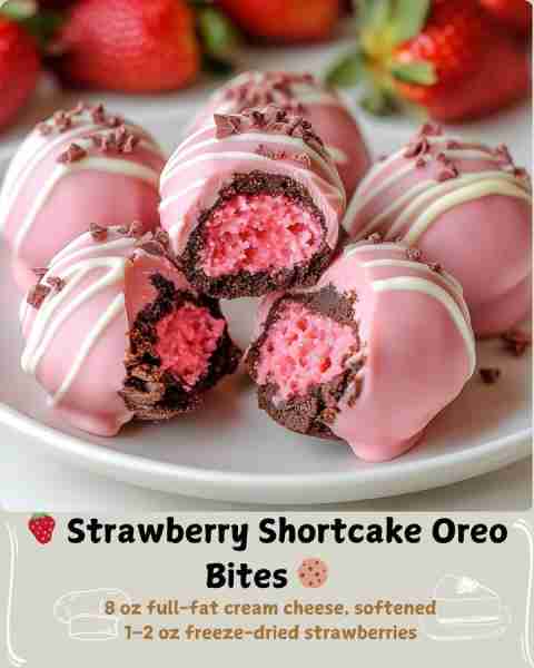 🍓 Strawberry Shortcake Oreo Bites 🍪 Ingredients 36 Golden Oreo cookies (about 15.25 oz), cream fil...