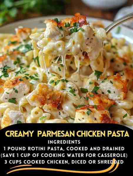 creamy garlic parmesan chicken pasta NGREDIENTS 1 pound rotini pasta, cooked and drained (save 1 cup...