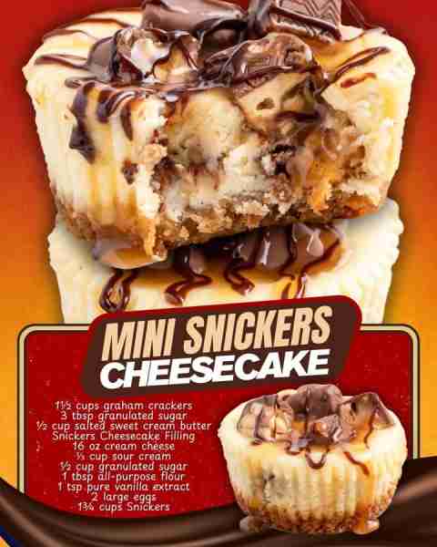 MINI SNICKERS CHEESECAKE! 1½ cups crushed graham crackers 3 tbsp granulated sugar ½ cup salted sweet...