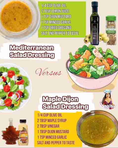 Mediterranean Salad Dressing Recipe: 1/4 CUP OLIVE OIL 2 TBSP LEMON JUICE 1 TSP DIJON MUSTARD 1 TSP...
