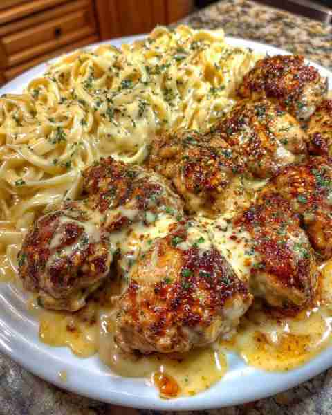 Creamy Garlic Parmesan Chicken Meatballs with Fettuccine Alfredo Recipe: Ingredients: 1 lb ground ch...
