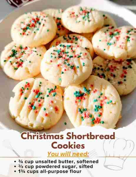 Christmas Shortbread Cookies Ingredients: - ¾ cup unsalted butter, softened - ⅔ cup powdered sugar,...