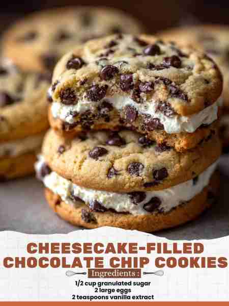 Cheesecake-Filled Chocolate Chip Cookies Ingredients: 1/2 cup granulated sugar 2 large eggs 2 teaspo...