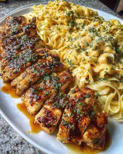 Cheesy Garlic Butter Chicken Linguine in Three-Cheese Parmesan Sauce Ingredients: 1½ lbs boneless, s...