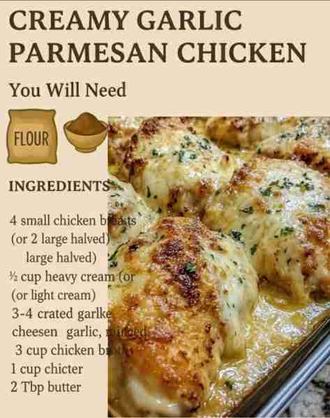 CREAMY GARLIC PARMESAN CHICKEN You Will Need 4 small chicken breasts (or 2 large halved) 1 cup heavy...