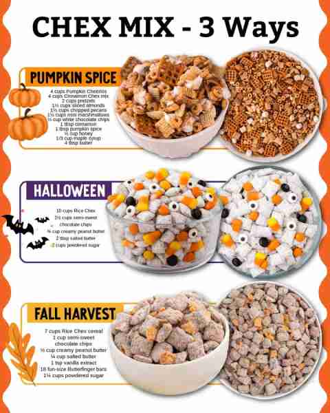 Full recipe: 1. Pumpkin Spice: https://spaceshipsandlaserbeams.com/pumpkin-spice-chex-mix/ 2. Hallow...