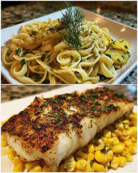 Dill Lemon Cod with Roasted Corn Pasta Zesty Dill Lemon Cod over Roasted Corn and Herb Pasta Ingredi...