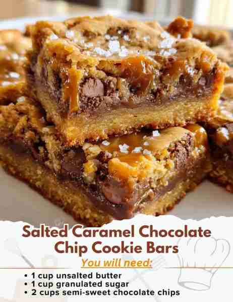 Salted Caramel Chocolate Chip Cookie Bars Ingredients: Cookie Dough: 1 cup unsalted butter 1 cup gra...