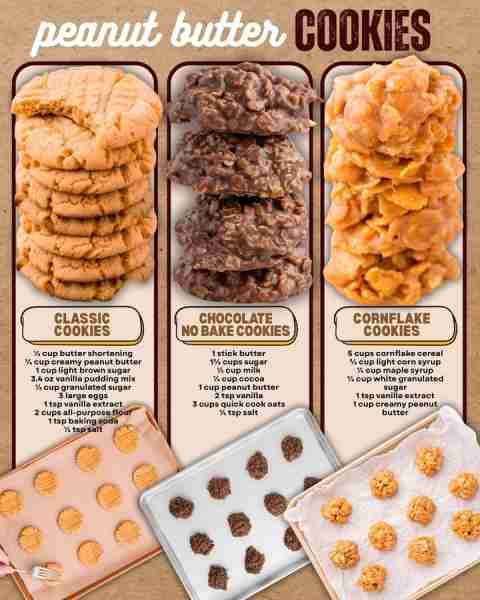 PEANUT BUTTER COOKIES 3 WAYS: NO BAKE PEANUT BUTTER COOKIES: 1 stick butter 1⅔ cups sugar ½ cup milk...