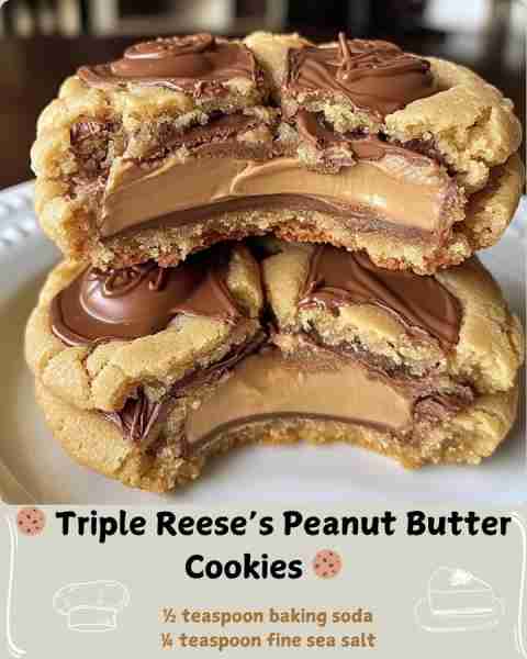 🍪 Triple Reese’s Peanut Butter Cookies 🍪 Ingredients: For the Cookie Dough: 1 ½ cups all-purpose f...