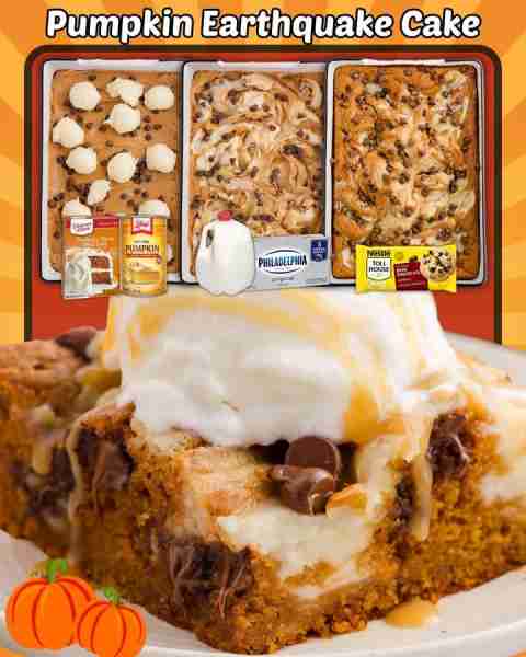 PUMPKIN EARTHQUAKE CAKE! 1 box spice cake mix 2 large eggs ½ + ½ cup salted butter 1 cup milk 1 can...