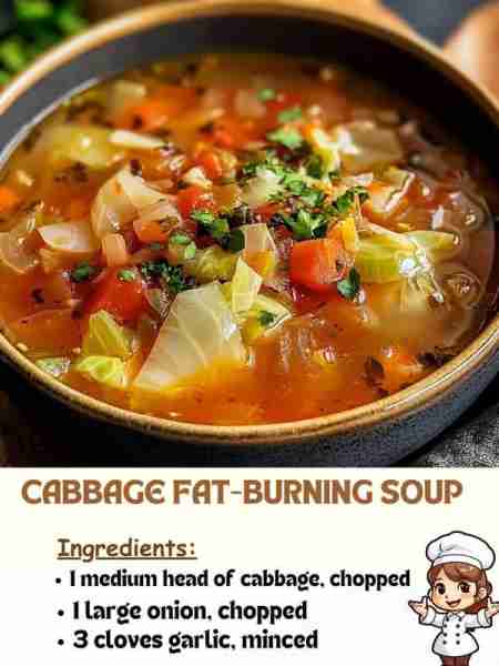 Cabbage Fat-Burning Soup: Ingredients: - 1 medium head of cabbage, chopped - 1 large onion, chopped...