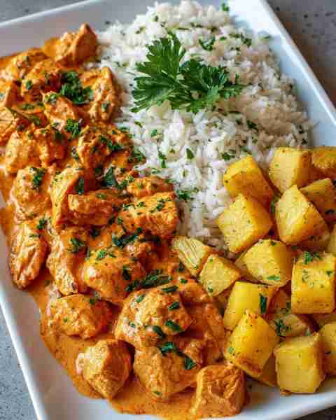 🍛 Creamy Butter Chicken with Basmati Rice & Spiced Potatoes 🌿 Prep Time: 20 minutes Cook Time: 25...