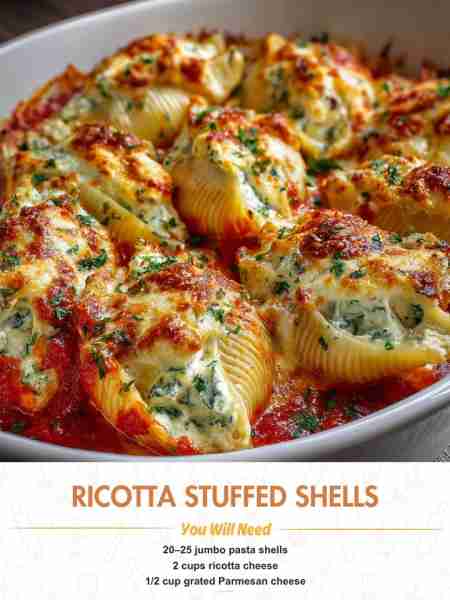 Ricotta Stuffed Shells Ingredients 20–25 jumbo pasta shells 2 cups ricotta cheese ½ cup grated Parm...