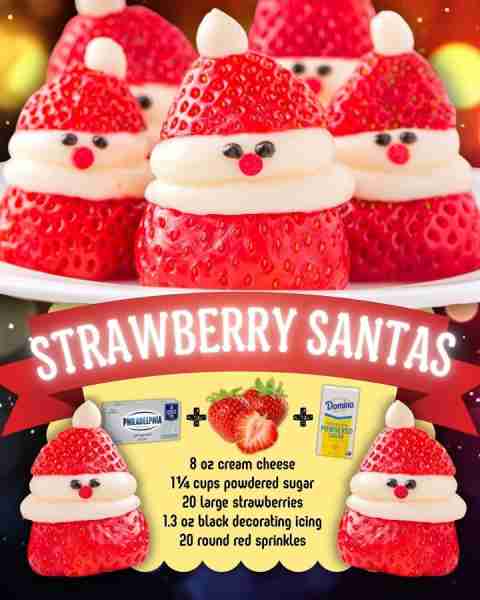 STRAWBERRY SANTA! 🎅🎅 8 oz cream cheese 1¼ cups powdered sugar 20 large strawberries 1.3 oz black d...
