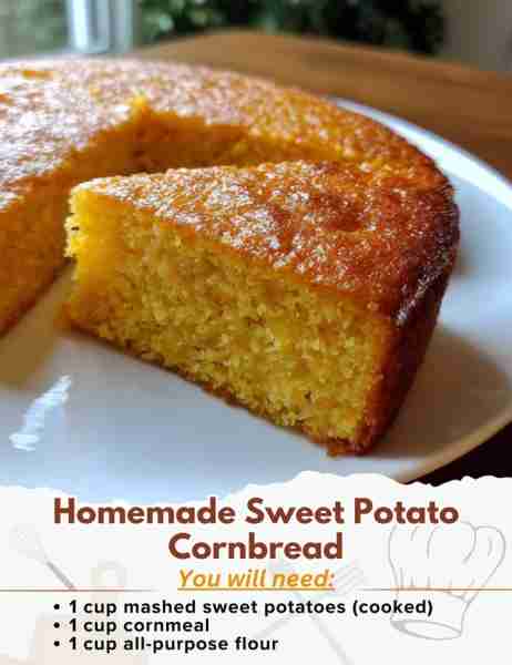 Homemade Sweet Potato Cornbread Ingredients: - 1 cup mashed sweet potatoes (cooked) - 1 cup cornmeal...