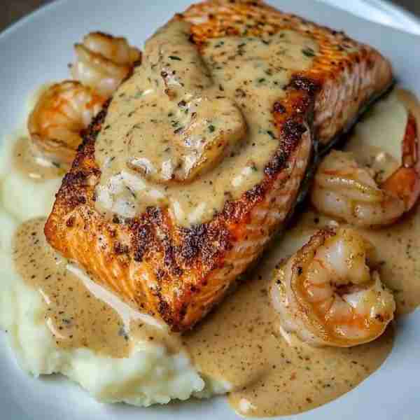Cajun Salmon and Shrimp with Creamy Mashed Potatoes Ingredients: For the salmon: 2 salmon fillets (a...