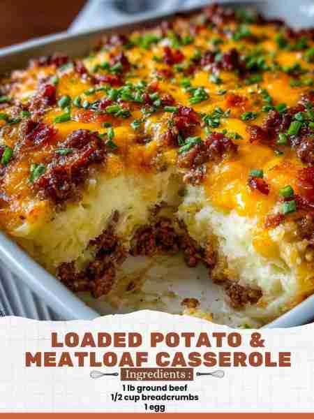 Loaded Potato & Meatloaf Casserole Ingredients: 1 lb ground beef 1/2 cup breadcrumbs 1 egg
