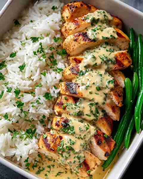 🍗 Grilled Chicken with Creamy Mustard Herb Sauce, Rice & Green Beans 🌿🍚 Prep time: 20 minutes Coo...