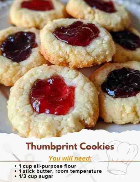 Thumbprint Cookies Ingredients: - 1 cup all-purpose flour - 1/8 teaspoon salt - 1 stick butter, room...