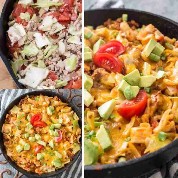 This easy Low Carb Taco Casserole is packed with meat, cabbage, Mexican flavors and loaded with chee...