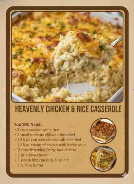 HEAVENLY CHICKEN & RICE CASSEROLE You Will Need 3 cups cooked white rice 1 small rotisserie chicken,...