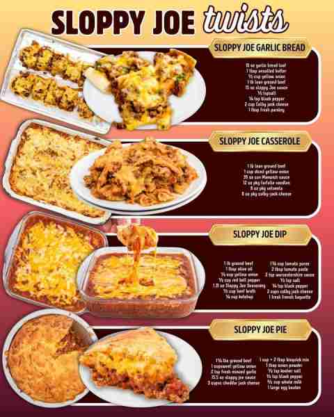 SLOPPY JOE TWISTS! SLOPPY JOE GARLIC BREAD: 10 oz garlic bread loaf 1 tbsp unsalted butter ½ cup yel...