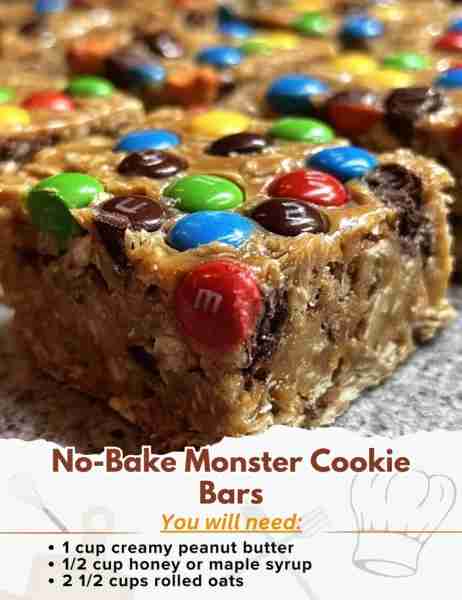 No-Bake Monster Cookie Bars Ingredients: - 1 cup creamy peanut butter - 1/2 cup honey or maple syru...