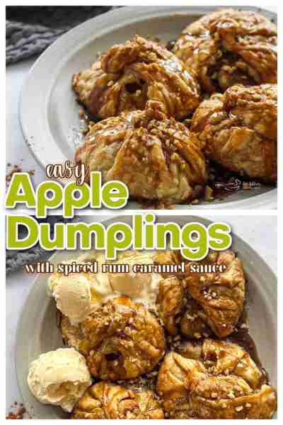 Apple Dumplings with Spiced Rum Caramel Sauce! 🍎 Flaky puff pastry, tender baked apples, and a butt...